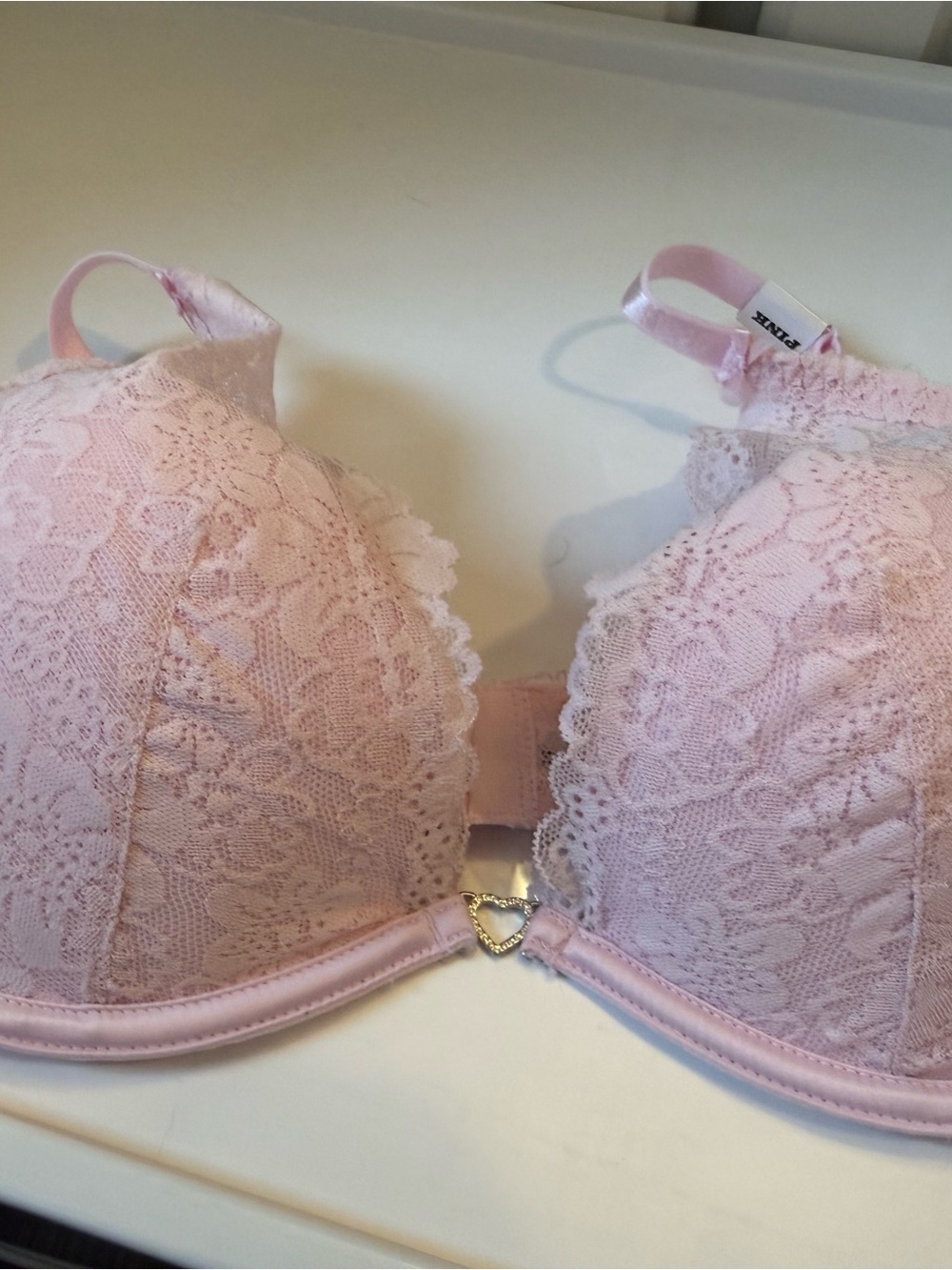 PINK Victoria's Secret Pale Pink Lace Push-Up Bra with Heart Accent
